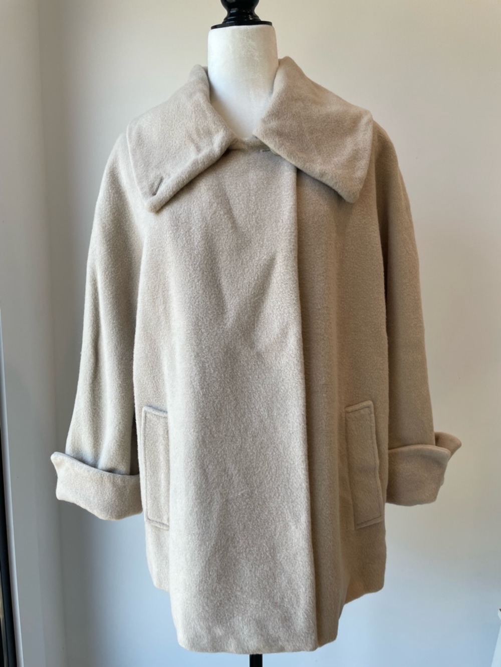 Hilary Radley Cream Wool-Blend Pea Coat with Fold Collar